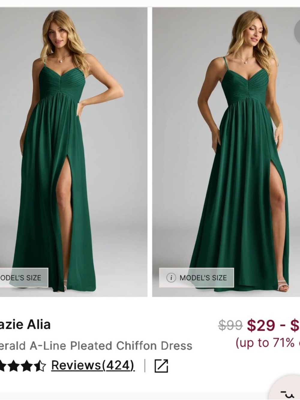 Azazie Alia Emerald A-Line Pleated Chiffon Dress